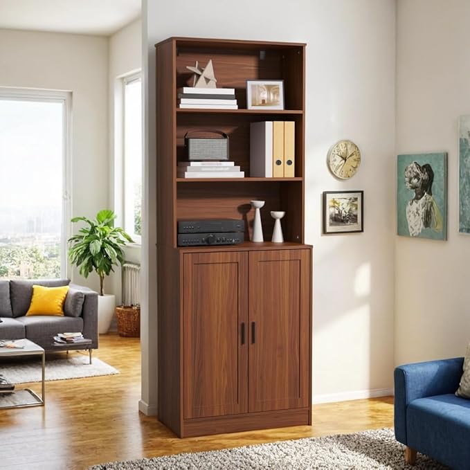 75" Tall Bookcase with Doors, 5 Tier Large Bookshelf with Cabinet, Standing Wood Display Book Shelf for Living Room, Office, Library with Doors, Brown
