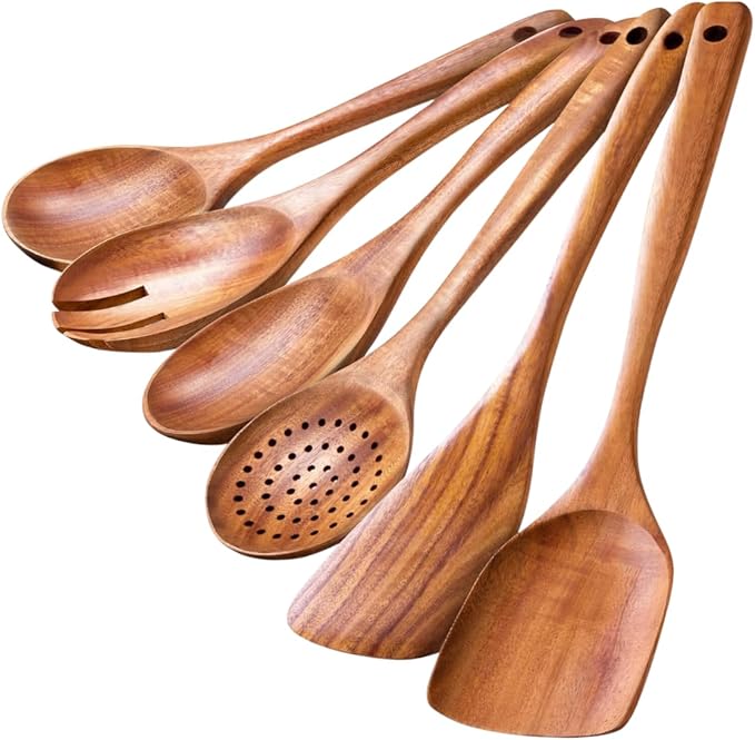 Wooden Spoons for Cooking - 6Piece Kitchen Utensils Set -Nontoxic Wooden Utensil Set -Heat Resistant Cooking Spoons - Wooden Spatula for Cooking - Teak Wood Utensils Set for Cooking - Wood Spoon
