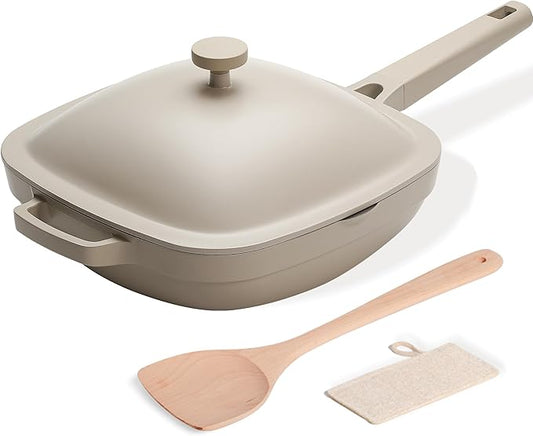 10.5 Inch(3.8QT) Ceramic Pan with Lid,Non Stick Frying Pans Cast Aluminum Deep Saut챕 Pans,Ti-Ceramic Non Toxic Pix Pan with Wooden Spatula and Scrubber-Morning Mist