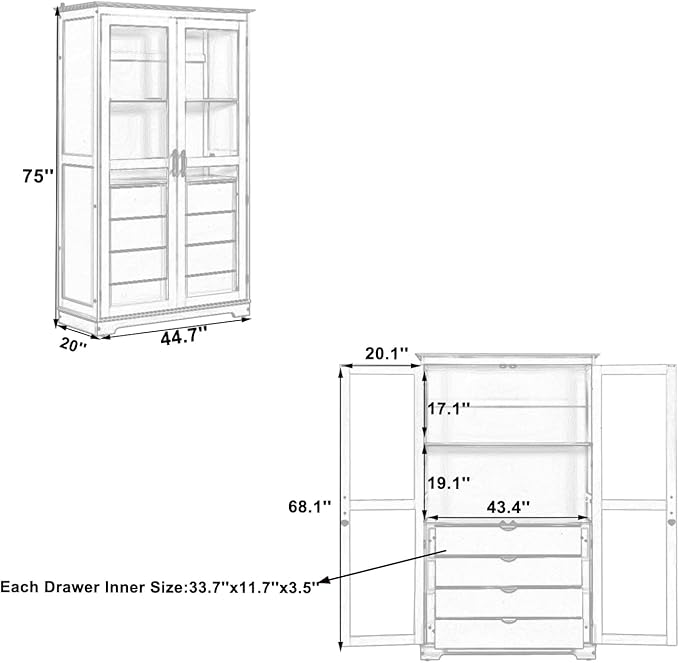 Zateety 73.2" Kitchen Pantry, Freestanding Kitchen Storage Cabinet Display Cabinet with Glass Doors and 4 Built-in Drawers for Living Room, Home Office, White