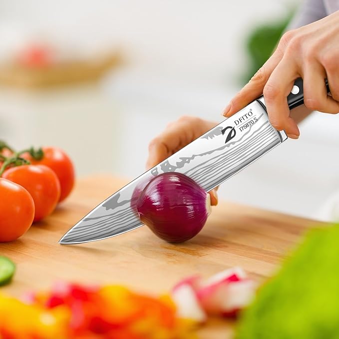 Dfito Chef Knife Set with Roll Bag, 9 Piece Professional Stainless Steel Japanese Kitchen Knife Set with Ergonomic Handle for Professional Chef, Dishwasher Safe, Camping, Travel, BBQ, RV or Gift Black