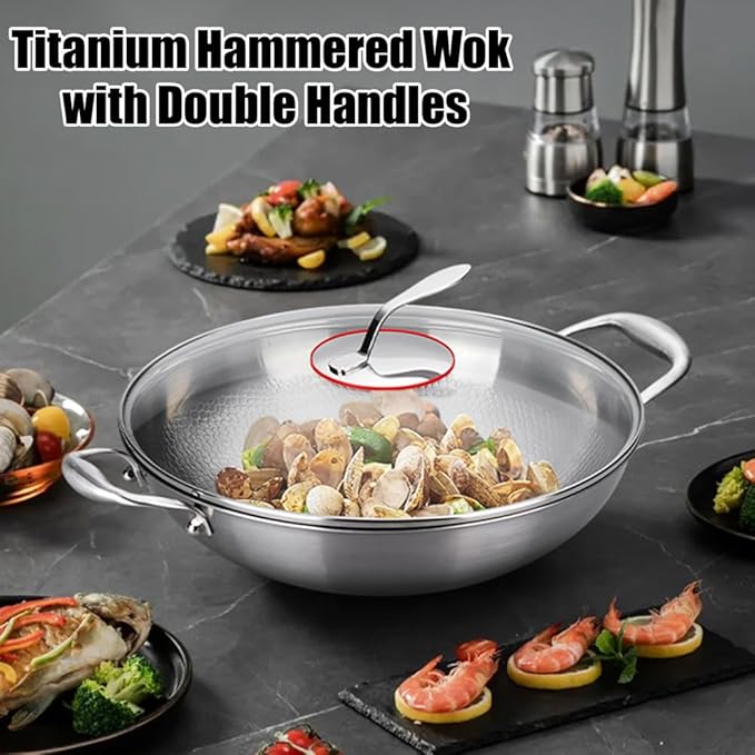 14 Inch Titanium Hammered Wok with Double Handles, Frying Pans Nonstick, Non-Stick Wok, Scratch-Resistant Non Stick Titanium Pans for Cooking,with lid