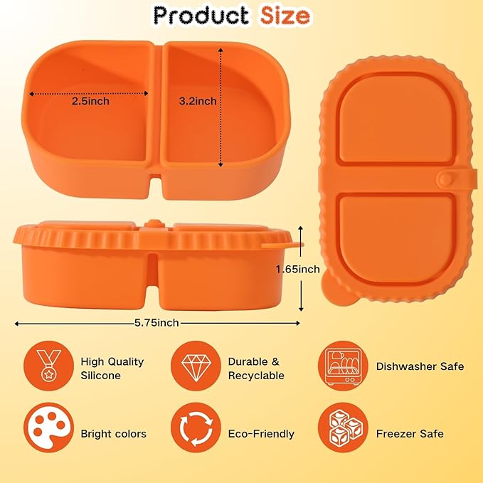 3 Reusable Silicone Food Containers (2 Compartments): Leak Proof, Microwave/Dishwasher Safe. Very Suitable For Snacking, Dipping Sauce, Cooking, Outdoor, Office or Home Use