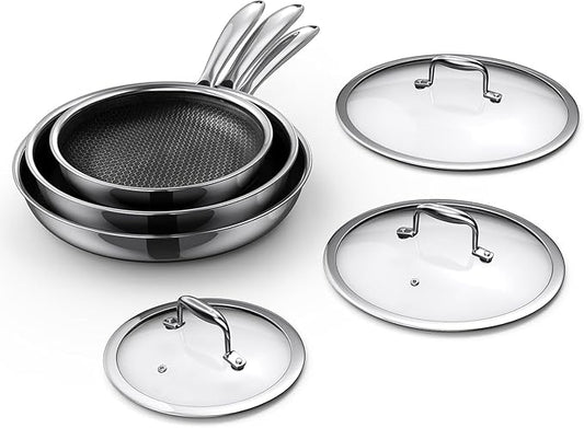 MOMOSTAR Hybrid Nonstick 6-Piece Fry Pan Set, 8, 10, and 12-Inch Pots and Pans with Tempered Glass Lids, Stay-Cool Handles, Dishwasher-Friendly, Induction Ready, Compatible with All Cooktops