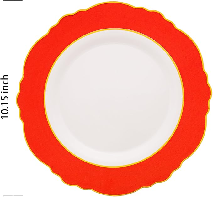 WDF 60pcs Red Christmas Plastic Plates with Gold Rim - 10.25inch Red Dinner Plates Disposable Plates Table Decor for Valentine's Day