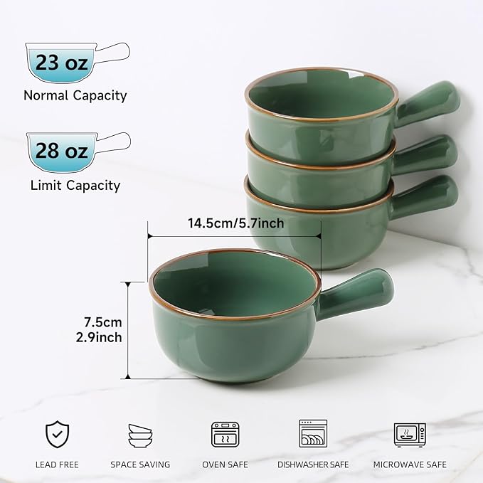 MONITO 28 Oz French Onion Soup Bowls, Ceramic Soup Bowls with Handles, Stackable Soup Crocks, Oven/Microwave/Dishwasher Safe, for Cereal, Soups, Casseroles, Dark Green