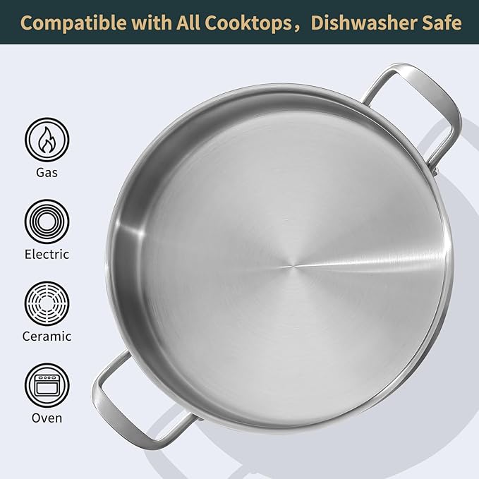 Saute Pan, 7 Quart Tri-Ply Stainless Steel Saute Pan, 12inch Deep Frying Pan with Lid, Saute Skillet, Rondeau Pot with Lid Compatible with All Cooktops Up to 600℉