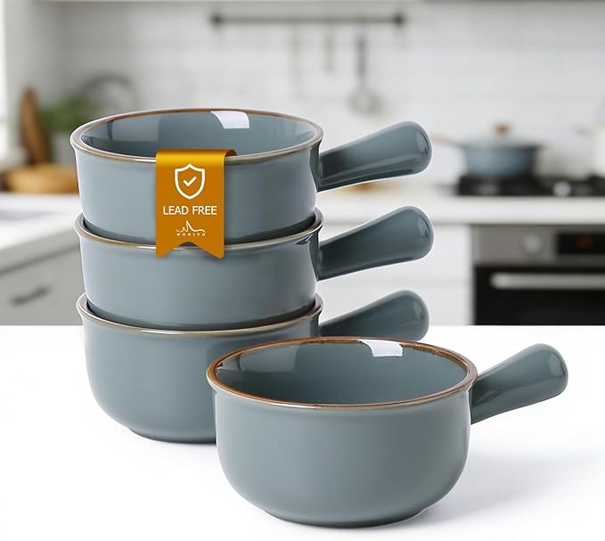 MONITO 28 Oz French Onion Soup Bowls, Ceramic Soup Bowls with Handles, Stackable Soup Crocks, Oven/Microwave/Dishwasher Safe, for Cereal, Soups, Casseroles