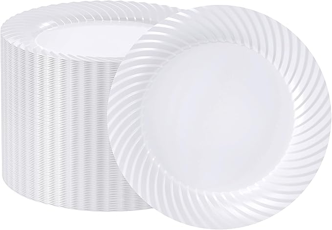 FOCUSLINE 10 Inch White Plastic Plates,100 Count Disposable Heavy Duty Dinner Plates, Premium Hard Plastic for Weddings, Parties and Events