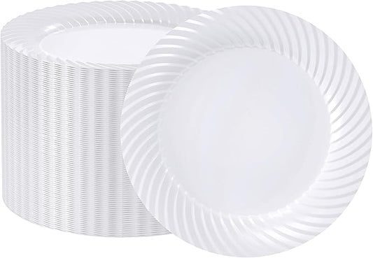 FOCUSLINE 10 Inch White Plastic Plates,100 Count Disposable Heavy Duty Dinner Plates, Premium Hard Plastic for Weddings, Parties and Events