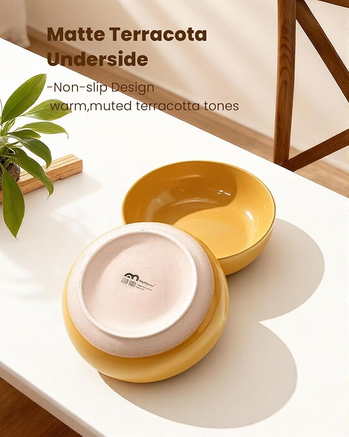 Pasta Bowls Set of 8, 34oz Speckled Ceramic Bowls Set for Serving Salad, Pasta, Soup, Dinner, 8" Wide and Deep Bowls, Dishwasher & Microwave Safe, Matte Terracotta Base (Ginger Yellow)