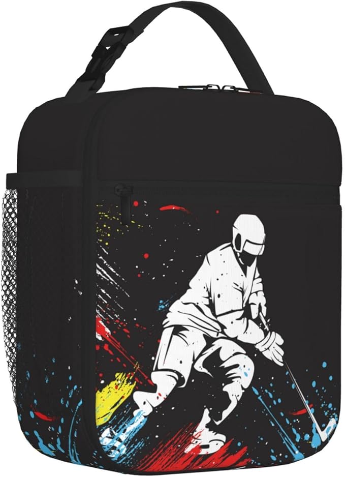 YIJIUWKIS Sports Lunch Bag for Boys Hockey Insulated Lunch Box with a Ice Hockey Player Pattern Print, Black Cooler Thermal Lunch Bag Tote Handbag with Water Bottle Holder for Kids Teens Adults