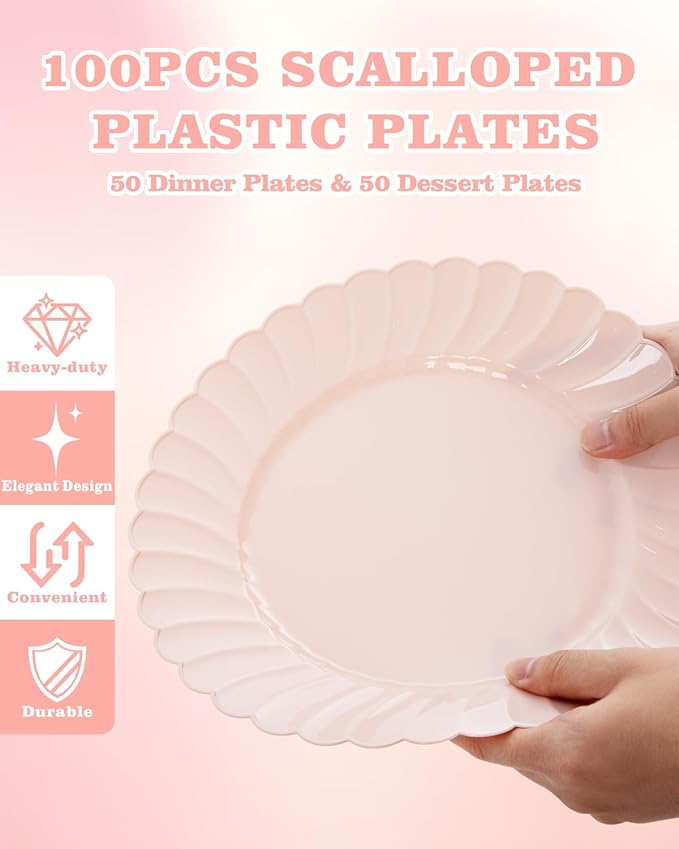 YOUBET 100PCS Pink Scalloped Plastic Plates - Heavy Duty Pink Disposable Fancy Hard Plates Include 50 Dinner Plate, 50 Dessert Plate, for Wedding & Party Valentines Day