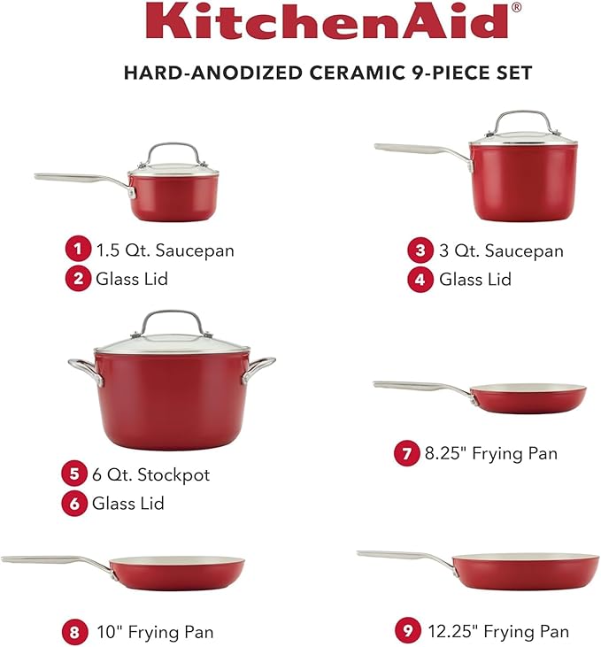 KitchenAid Hard Anodized Ceramic 9-Piece Nonstick Cookware Set ??Includes Fry Pans, Saucepan, Stockpot, Durable, Even Heating, Oven Safe to 500째F, Empire Red
