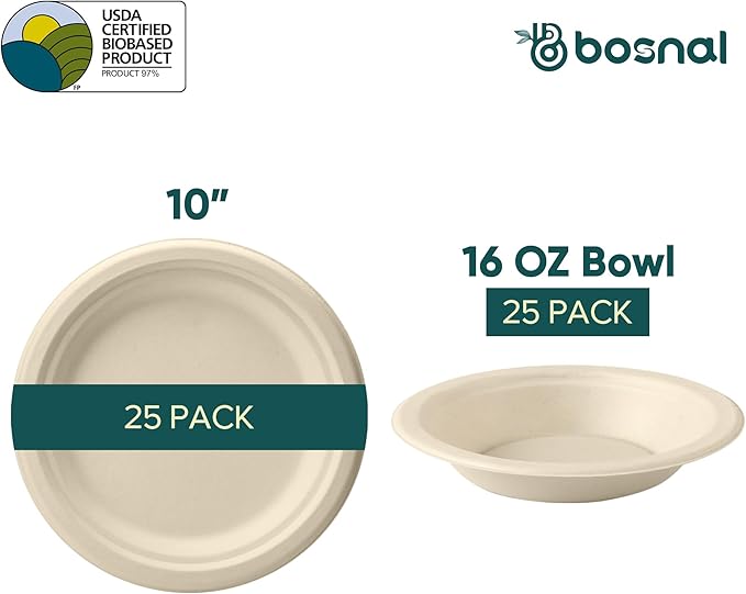 BOSNAL 10 Inch Round Plates with 16 oz Bowls ??25 Plates, 25 Bowls,100% Plant-Based Sugarcane Bagasse, Eco-Friendly Disposable Dinnerware for Hot & Cold Meals, Microwave Safe