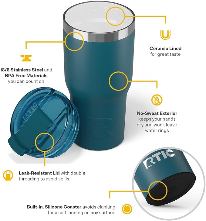 RTIC 20oz Essential Tumbler with Lid, Ceramic Lined, Insulated, Stainless Steel, Metal, Double Wall Vacuum-Insulation, Travel Cup for Iced Coffee, Tea, Hot and Cold Drink, Marine