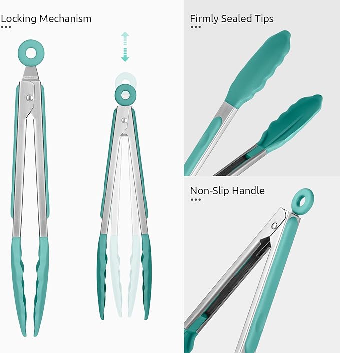 600쨘F Heat Resistant Kitchen Tongs: U-Taste 9 inch Silicone Cooking Tong with Firm Sealed Non Stick Rubber Tips & Silicon Coated 18/8 Stainless Steel Handle & Smooth Locking for Serving Salad-Aqua Sky