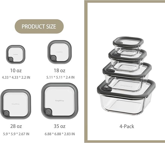 Glass Food Storage Containers with Silicone Glass Lids, 304 Stainless Steel Salad Dressing Containers, Microwave-safe LeakProof Food Containers Set, 100% Plastic Free-4-pack（Grey）