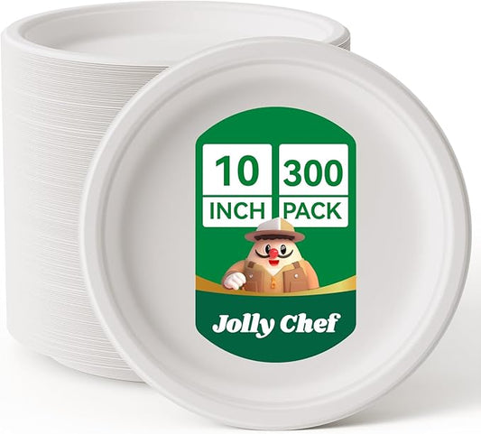 JOLLY CHEF Compostable Heavy Duty Plates ?윮?윭 ?뿙?뿻?뿰?뿵 [?윲?윭?윭 ?뿣?뿮?뿰?뿸] Eco-Friendly Disposable White Uncoated Paper Plates Bagasse Sugarcane Biodegradable for Hot Cold Food Party Dinner Weddings