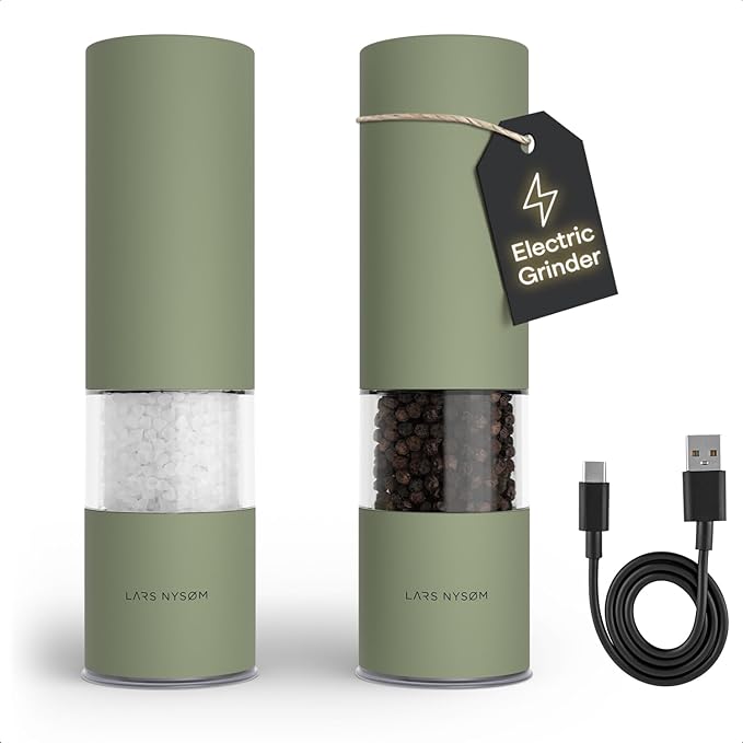 LARS NYS횠M Electric Salt and Pepper Grinder Set I Automatic Salt and Pepper Mills with Adjustable Ceramic Grinder I USB Rechargeable Electric Spice Mill Set with LED Light (Sage Green)