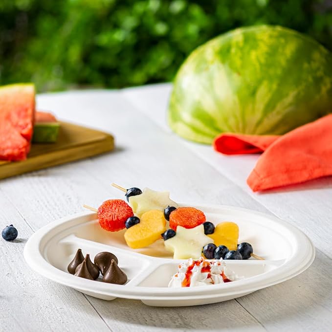 GUSTO [Case of 500 100% Compostable 3 Compartment - 9 Inch Paper White Heavy-Duty Divided Disposable Biodegradable Plates (Formerly Comfy Package)