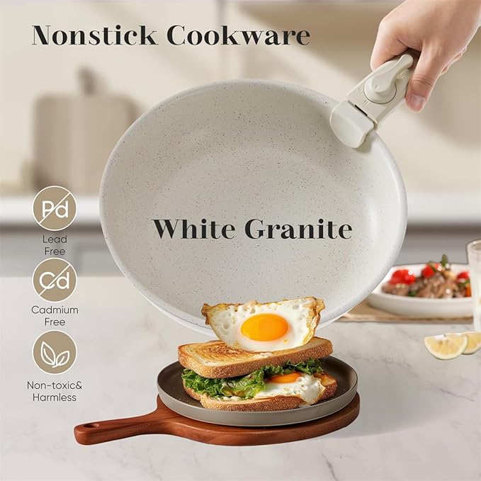 12 Pcs Pots and Pans Set, Nonstick Kitchen Cookware Sets Detachable Handle, Induction Healthy Non Stick RV Cookware, Dishwasher 竊?Oven Safe, Beige