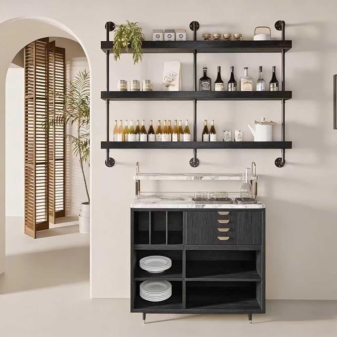 Industrial Wine Rack Wall Mounted, Solid Wood Shelf with Metal Pipe Brackets, 3-Tier Rustic Hanging Organizer for Wine Bottle Storage in Kitchen, Bar, Pub, Cellar(Black, 60 Inch)