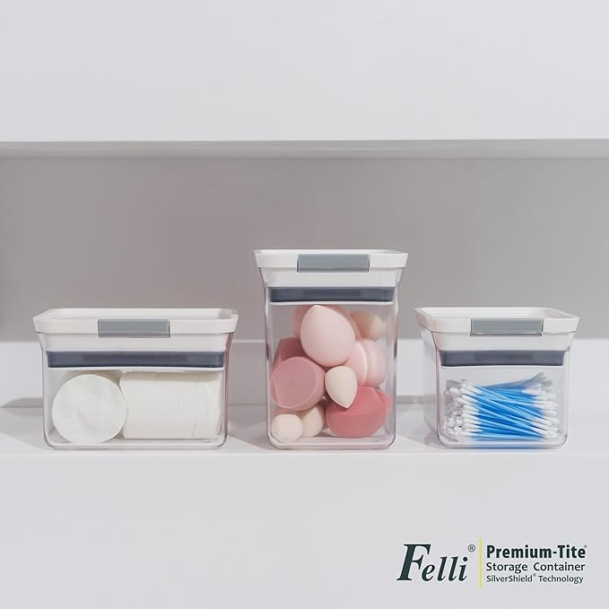 Felli Premium Tite Airtight Storage Container Set, 3 Pack - Clear Plastic Canisters with Easy Flip Lock Lids, Stackable Kitchen Pantry & Bathroom Organizer for Snacks, Dry Goods, Makeup, BPA Free