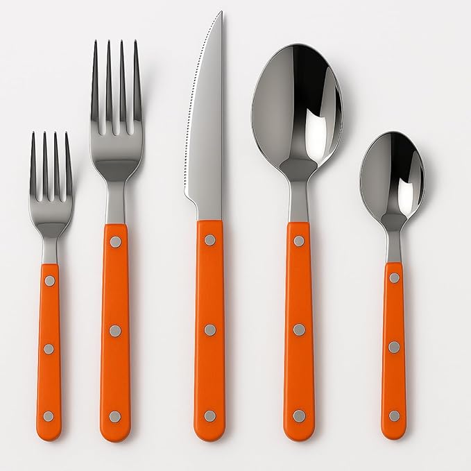 Khen 20-Piece Cutlery Set with Dinner Knives, Forks, Spoons, Salad Forks & Teaspoons ??Durable and Dishwasher Safe Utensil Set for Home, Kitchen, Parties & Special Occasions ??Orange Handle