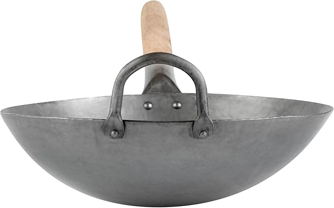 Restaurantware-Motomori 12 Inch Hand-Hammered Carbon Steel Woks, 10 Traditional Japanese Woks - Round Bottom, Wooden Handle, Black Carbon Steel Traditional Stir Fry Pans, With Helper Handle