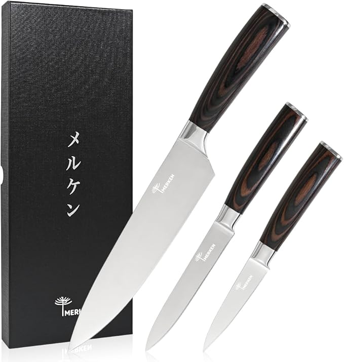 Kitchen Knife Set - 3 Pieces | Chef Knife Set | 8" Chef Knife, 5" Utility, 3.5" Paring | High Carbon Stainless Steel, Ultra Sharp Blades, Ergonomic Pakkawood Handles | Japanese Style Kitchen Knife