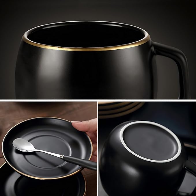 Ceramic Teacup and Saucer Set with Gold Trim Design 9.8oz Matte Plain Color Ceramic Coffee Mug White