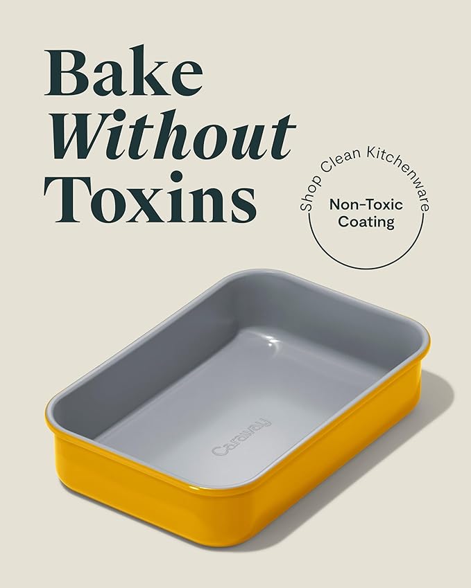 Caraway Nonstick 9??x 6.5??Small Rectangle Baking Pan Duo ??Non-Toxic, PTFE & PFOA Free ??Aluminized Steel Core ??Deep Ceramic Baking Pan for Casseroles, Lasagna & More - Marigold
