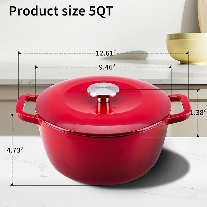 Enamel Cast Iron Dutch Oven with Lid,Dual Handles,Heavy-Duty Cookware for Sourdough Bread Baking,Braising,Stews,Roasting,Oven Safe up to 500째 F,5QT,red