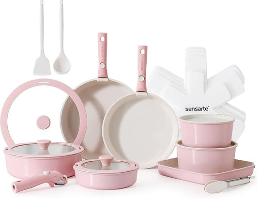 SENSARTE 24 Piece Ceramic Pots and Pans Set, Nonstick Detachable Handle Cookware, Induction Kitchen Cookware Set with Removable Handle, Healthy Non Stick for RV, Dishwasher竊냀ven Safe, PFOA Free (Pink)
