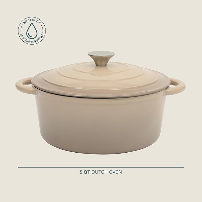 Gibson Home Addlestone 5 Qt Enameled Cast Iron Dutch Oven Pot with Lid ??Round, Oven Safe to 500째F, Ideal for Bread Baking & Stews - Gradient Taupe