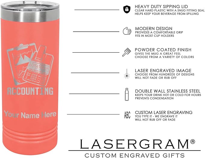 LaserGram 22oz Vacuum Insulated Skinny Tumbler, Gardening, Personalized Engraving Included (Coral)