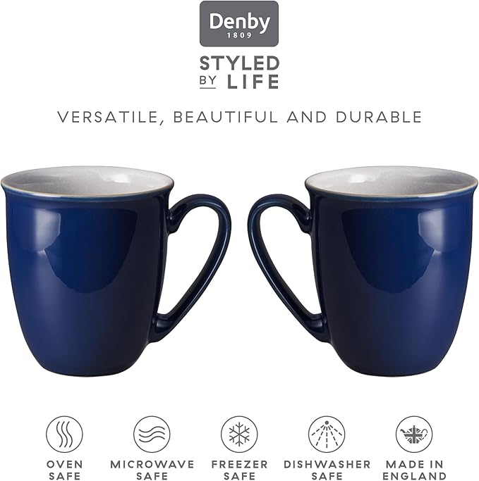 Denby - Elements Dark Blue Large Coffee Mug Set of 4-11.15 Ounce Stoneware Tea Cup Mug Set For Office & Home - Dishwasher Safe, Microwave Safe - Ceramic Tea Cups With Blue White Glaze, Chip Resistant