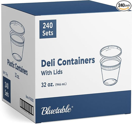 32 oz Deli Containers with Lids (240 Pack) Bulk ??Plastic Quart Container with Lid Disposable 32oz freezer Soup & Food Storage Tall large Container 32 Ounce - Cups with Cover [240 Sets Case/Pack]
