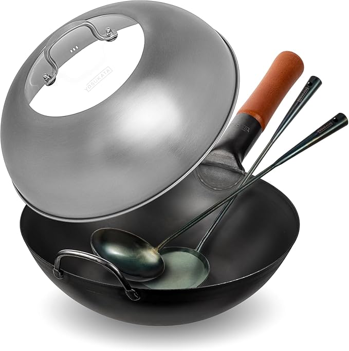 YOSUKATA Carbon Steel Wok Pan ??11,8 ??Woks and Stir Fry Pans + Wok Lid 11.4 In - Premium Stainless Wok Cover + Pre-Seasoned Blue Carbon Steel 17-inch Wok Spatula, Wok Ladle, 3 pairs of Chopsticks