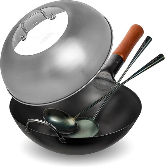 YOSUKATA Carbon Steel Wok Pan ??11,8 ??Woks and Stir Fry Pans + Wok Lid 11.4 In - Premium Stainless Wok Cover + Pre-Seasoned Blue Carbon Steel 17-inch Wok Spatula, Wok Ladle, 3 pairs of Chopsticks