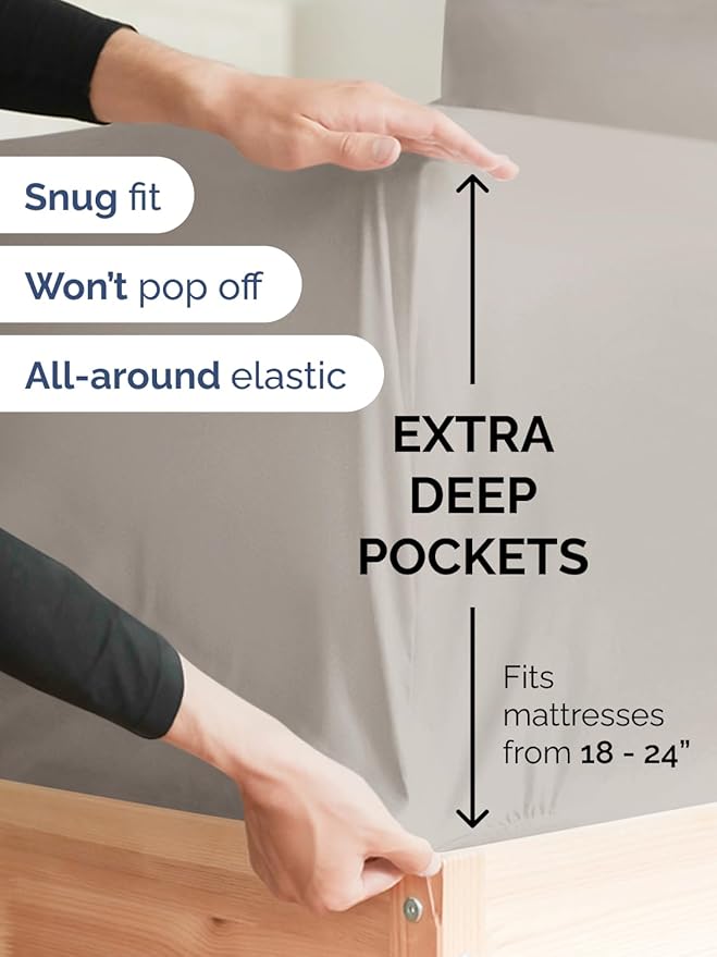 Extra Deep Pocket Queen Sheet Set - 4 Piece Breathable & Cooling Bed Sheets - Hotel Luxury Sheet Set - Soft, Wrinkle Free & Comfy - Easily Fits Extra Deep Mattresses - Deep Pocket Light Grey Sheets