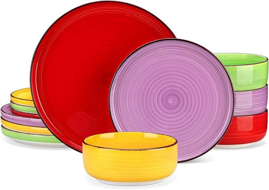 vancasso Bonita Stoneware Dinnerware Sets, 12 Pieces Dishes Set竊똏olished Round Plates and Bowls Set for 4, Dishwasher and Microwave Safe, Multicolor