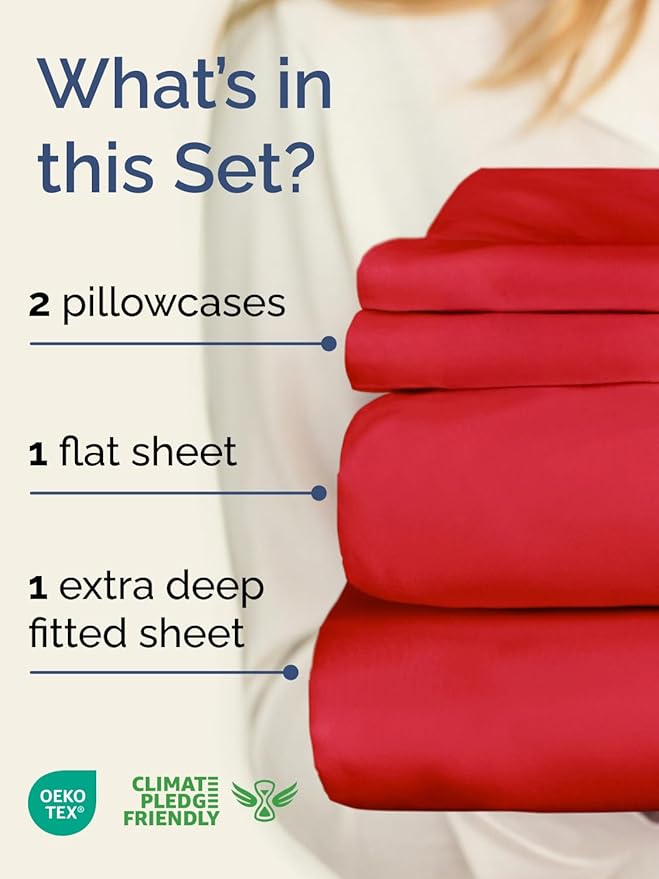 Extra Deep Pocket Cal King Sheets - 4 Piece Breathable & Cooling Bed Sheets - Hotel Luxury Bed Sheet Set - Soft, Wrinkle Free & Comfy - Easily Fits Extra Deep Mattresses - Deep Pocket Red Sheets Set