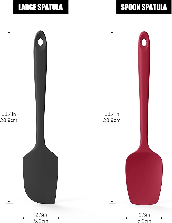 Doosu Silicone Scraper Spoon Spatulas, 600째F Heat Resistant BPA Free Rubber Flat Spatula, Kitchen Mixing Stirring Cooking Spoonula, Non-Stick Dishwasher Safe Baking Supplies (2 Pcs, Black+Red)