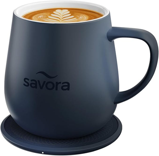 12oz Heated Coffee Mug | Barista?셲 Choice | Exclusive Wireless IntelliHeat Pad | Temperature Control Maintains 135째F | Hand-Crafted Ceramic Mug & Lid | Great for Tea Drinkers | Backed for Life - Blue