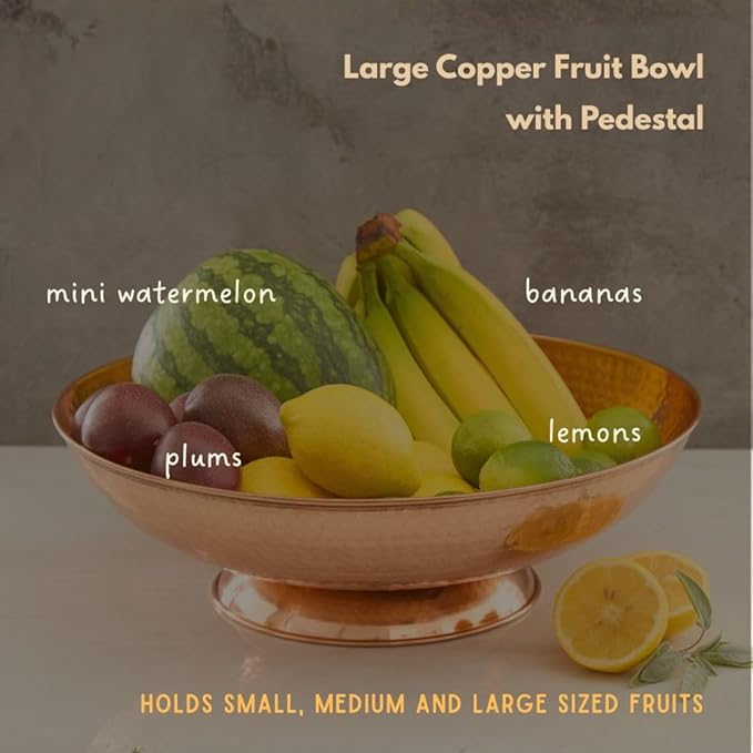 Copper Fruit Bowl for Kitchen Counter, Decorative Bowl, Table Centerpiece, Kitchen Storage, Home Decor, Copper Accessories, Pedestal Bowl (Large 15")