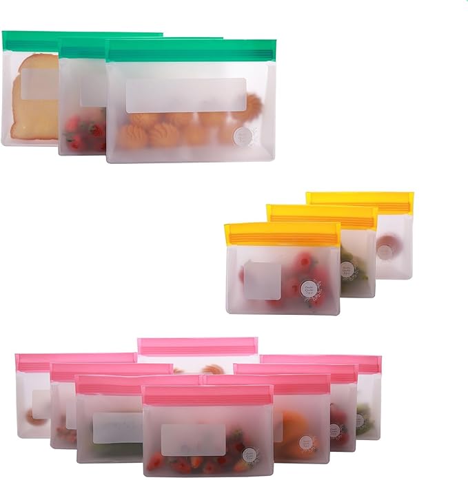 Reusable Food Storage Bags ??14-Pack Stand-Up, BPA-Free, Freezer, Dishwasher Safe & Eco-Friendly ??3 L, 8 M, 3 S Bags ??Airtight Leakproof, Sandwich, Snack, and Meal Prep Baggies (Multicolor)
