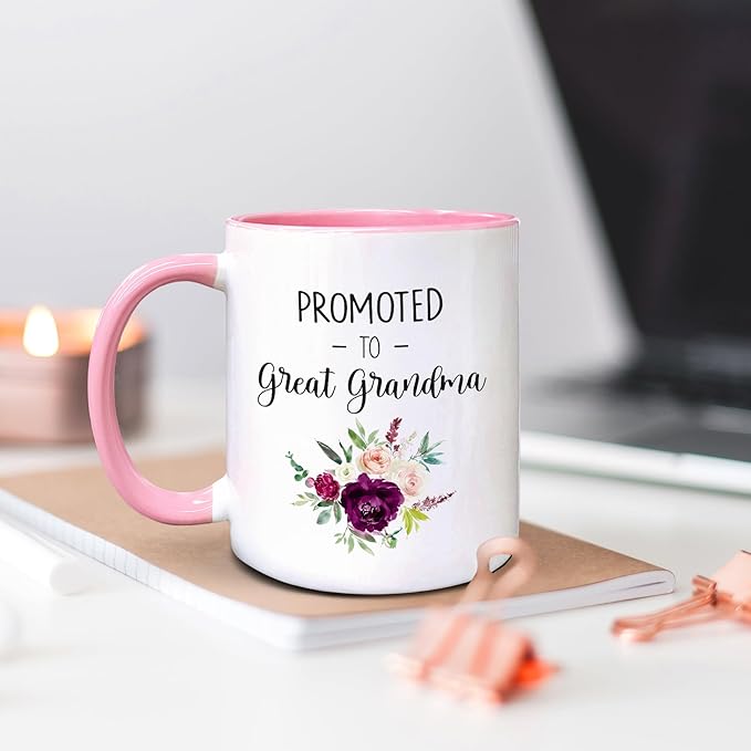 QASHWEY Great Grandma Coffee Mugs, Great Grandma Gifts, Pregnancy Announcement Coffee Mug Tea Cup Gifts for GrandmaGrandmother, Promoted to GreatGrandma CoffeeCups Ceramic 11oz(Pink)