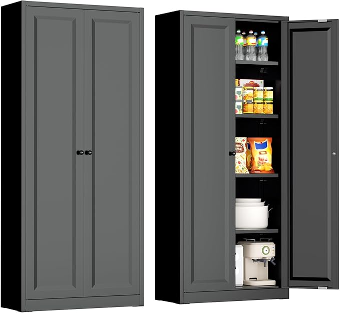 INTERGRAET Kitchen Pantry Cabinet, 63" Tall Metal Pantry Storage Cabinets with 2 Doors and 4 Shelves, Black Metal Storage Cabinet,Cupboard for Home,Kitchen,Living Room/Dining